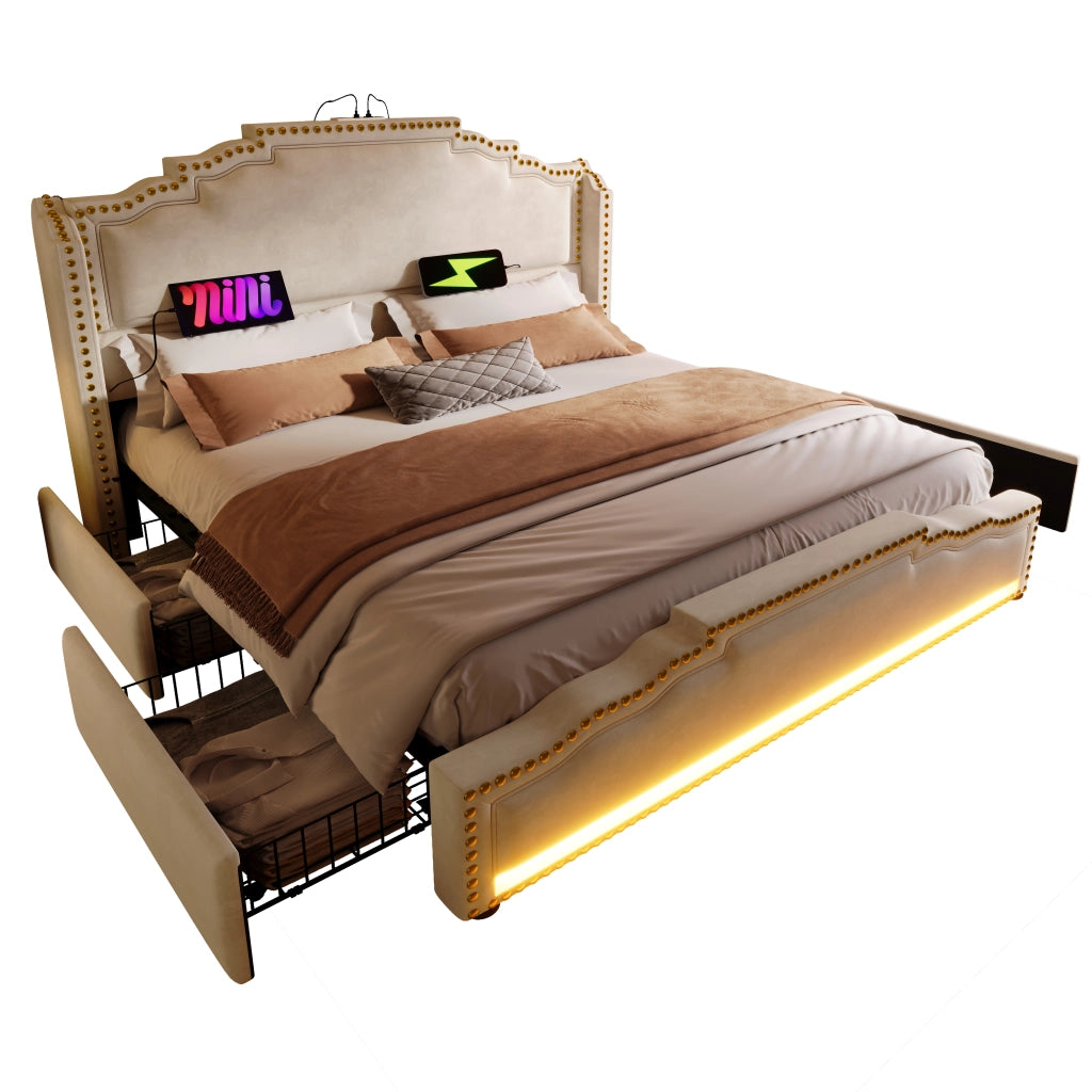Letto matrimoniale – 140x200 cm – 4 cassetti LED USBC – velluto beige