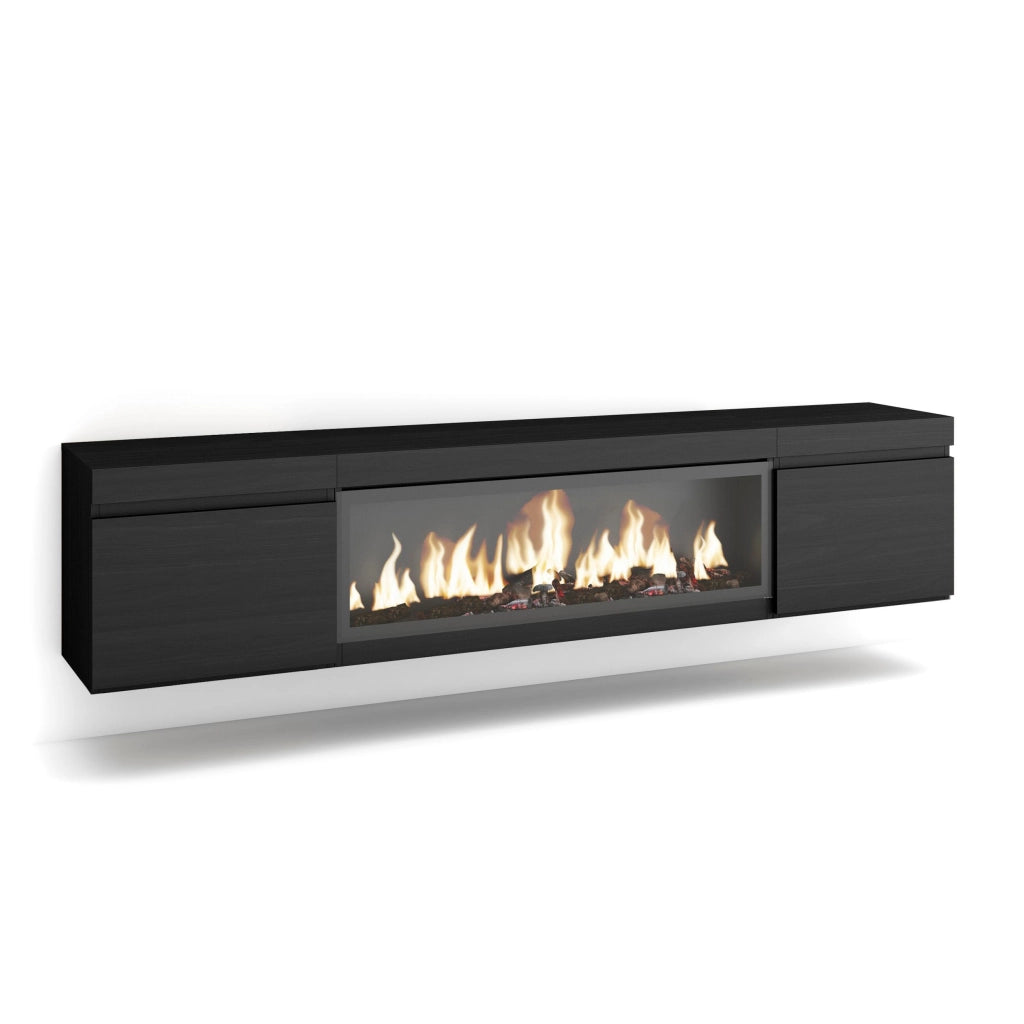 Mobile TV Soggiorno, 208x35x45cm, Per TV fino a 80", Camino elettrico XXL, da appendere, Nero RF3262