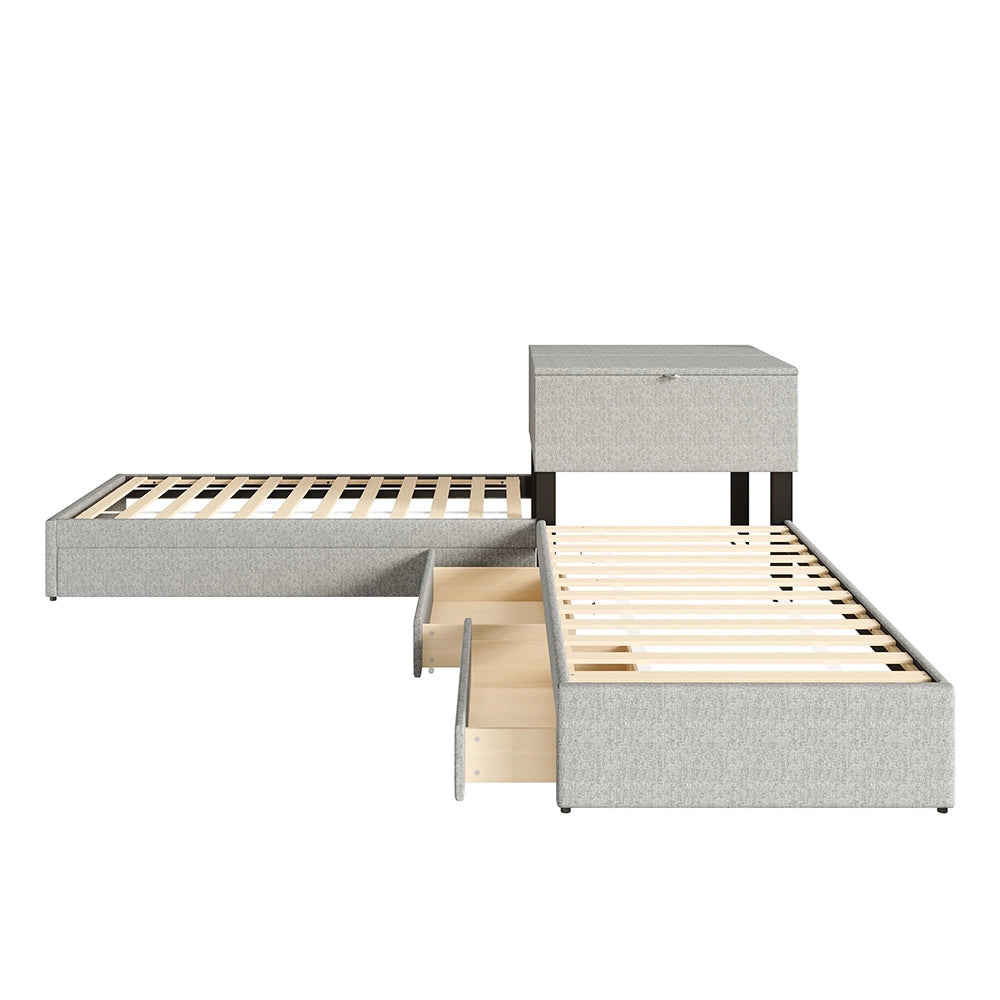 Letto angolare - Xylo - 90x200 cm gigogne lino grigio