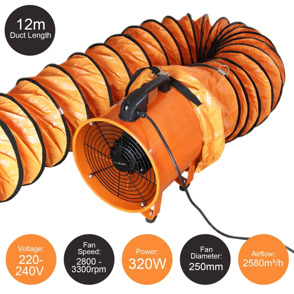 Ventilatore Estrattore Aria Industriale con Tubo Dotto Aspira Polveri e Fumo o Soffia Aria Pulita Ventola Reversibile - 250mm - Dotto 12m