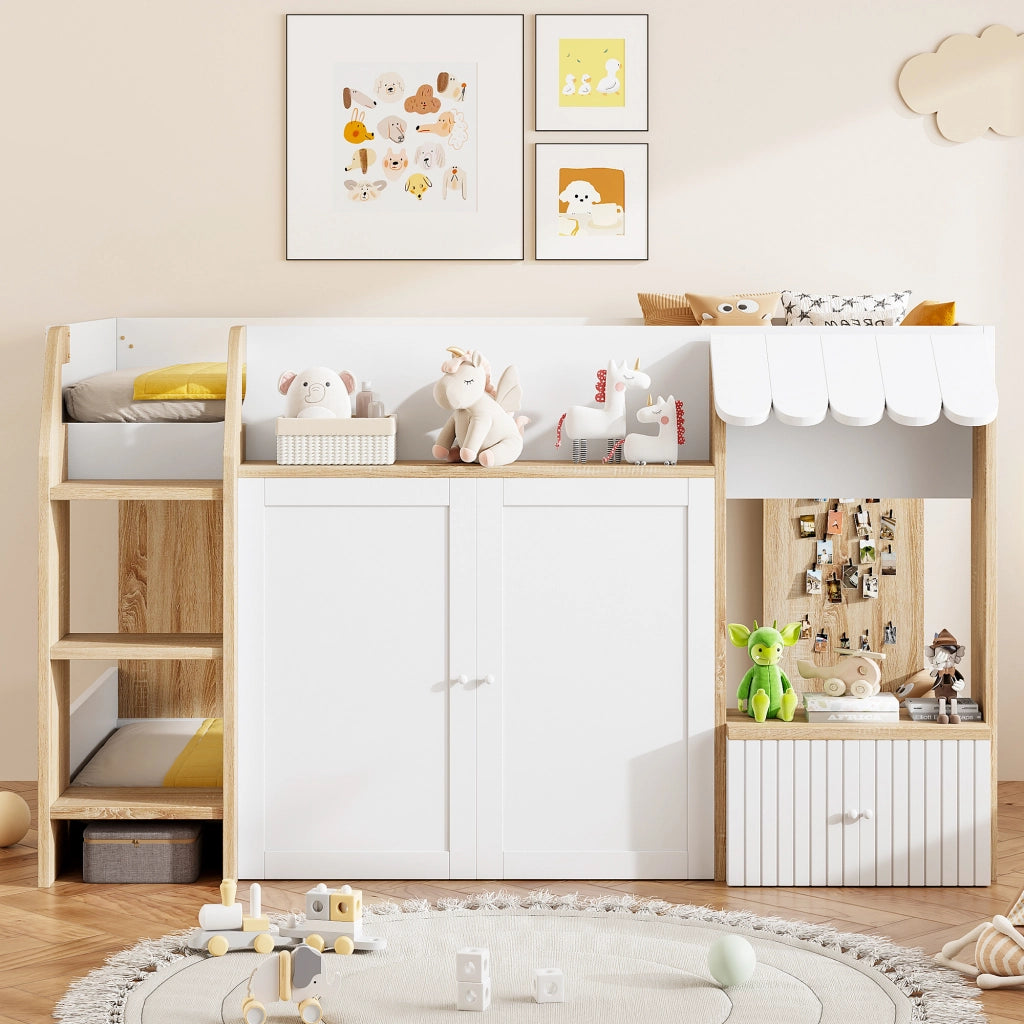 OKWISH Letto a soppalco 90×200 cm, Letto Singolo con Scala Ampia, Contenitore e Vani, senza Materasso, in Legno, Bianco Naturale