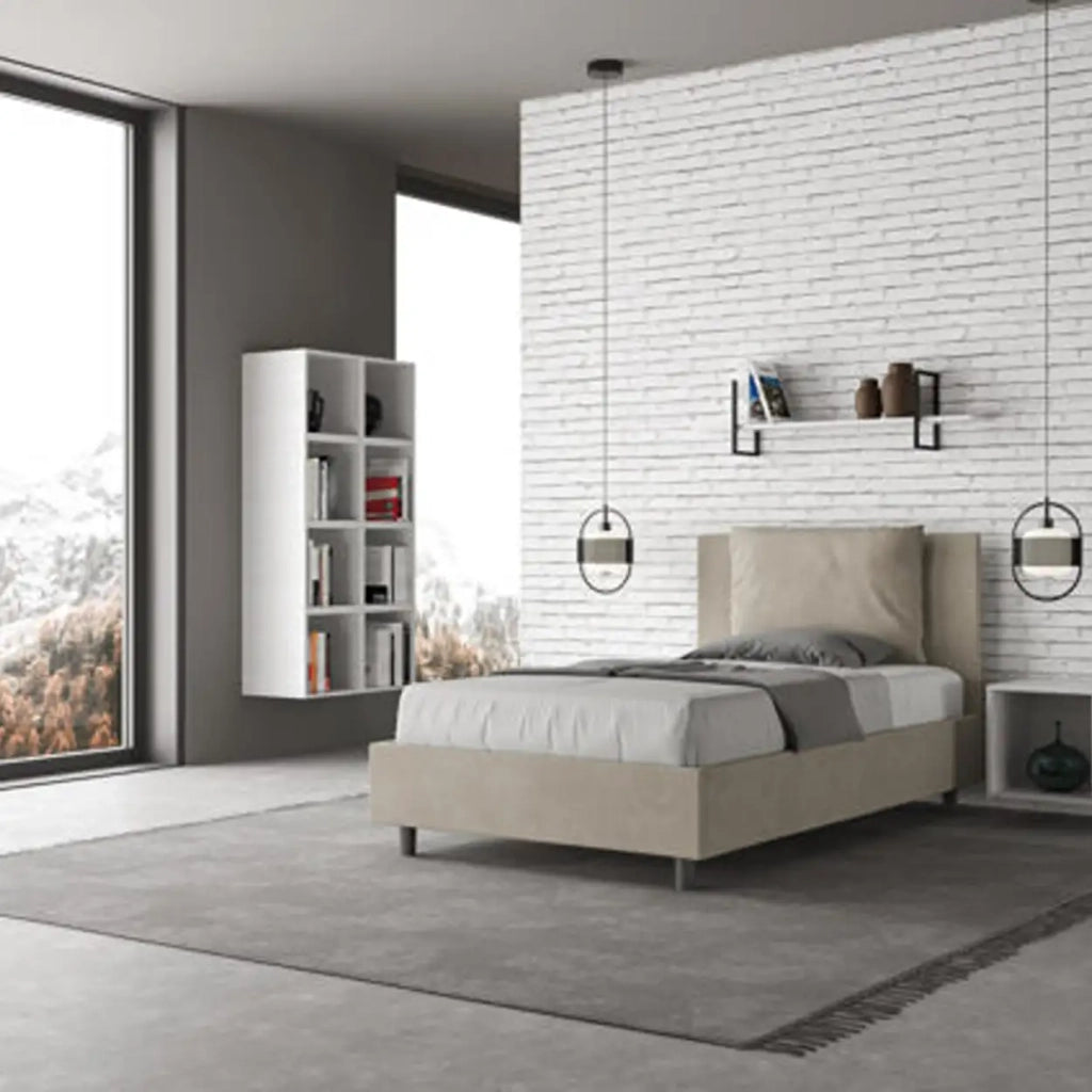 Letto una piazza e mezza senza rete imbottito 120x210 microfibra sabbia Antea