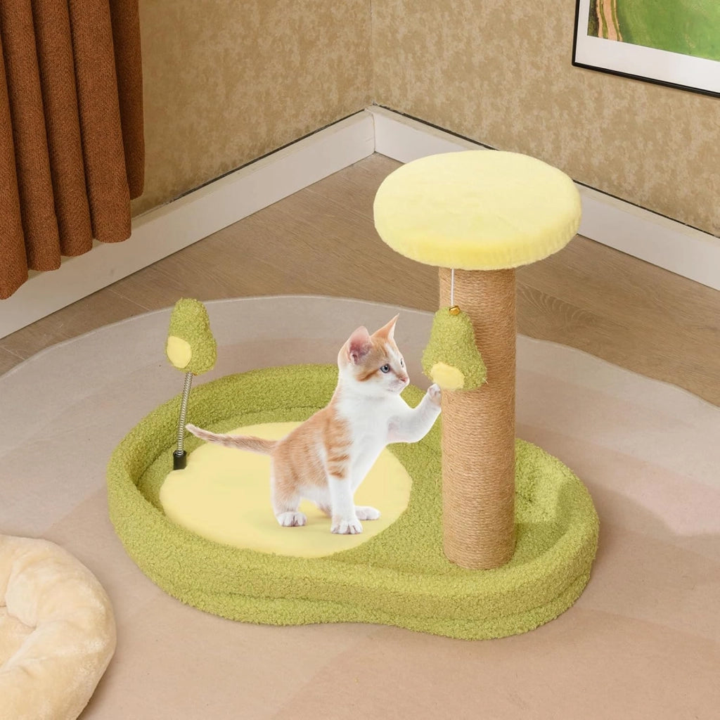 Tiragraffi per Gatto Alto 40 cm con Lettino Stile Avocado, Albero Tiragraffi Gatti con Palo a Corda in Juta, Piattaforma e 2 Pompon, Cuccia Albero Gatto Rivestito in Peluche, Verde