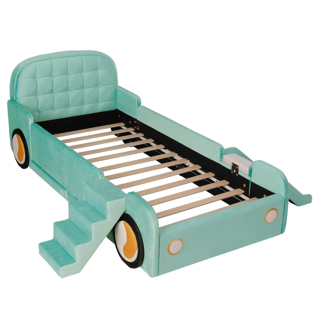 Letto per bambini a forma di auto con scivolo e scala reversibili; 90x200 cm; velluto blu-verde