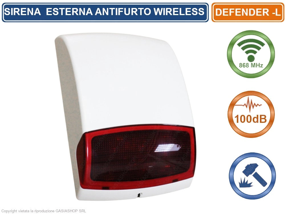 SIRENA SEGNALATORE OTTICO ACUSTICO WIRELESS 868 MHZ 100 DB PER ANTIFURTO ALLARME DEFENDER