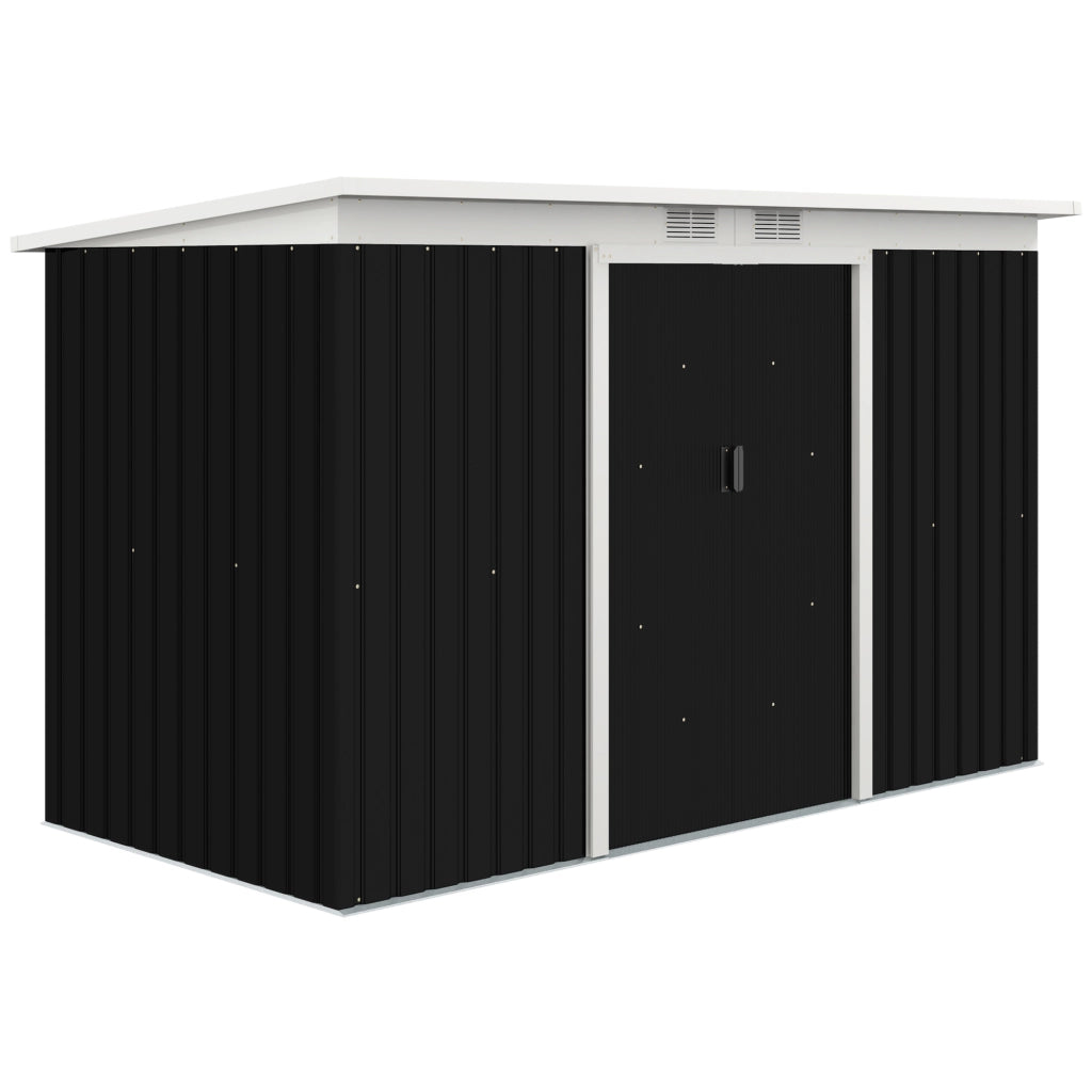 Capanno da giardino; capanno da giardino; capanno da giardino con porta scorrevole; finestra di ventilazione; tetto a pendenza monopendenza; esterno; acciaio; grigio scuro; 280 x 130 x 172 cm