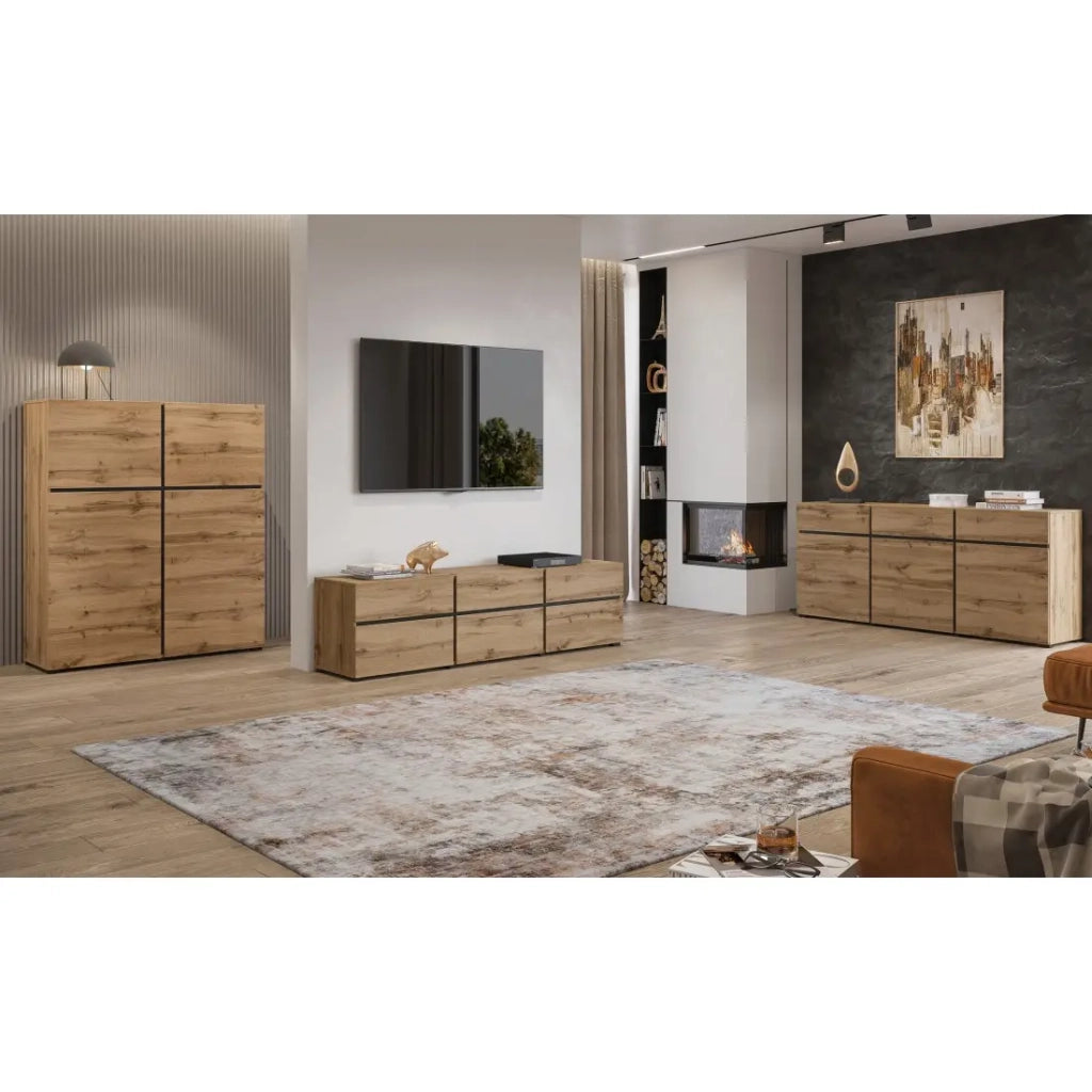 Set di mobili da soggiorno HAVANA - Credenza alta, mobile TV, credenza bassa - Design moderno in rovere e nero