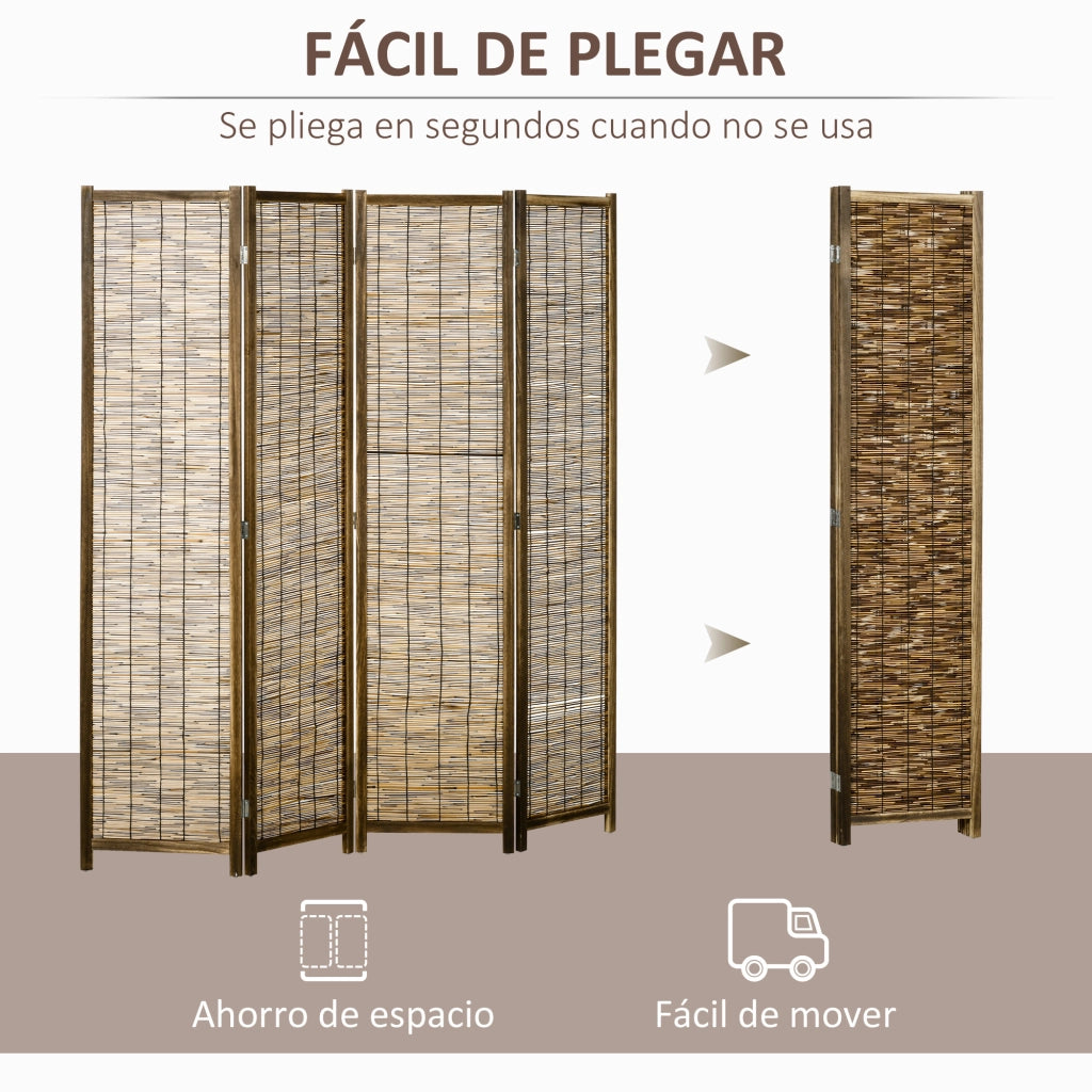 Biombo Pieghevole 4 Pannelli ¨C Minimal ¨C Legno e Canne Naturali 160x1.8x170 cm