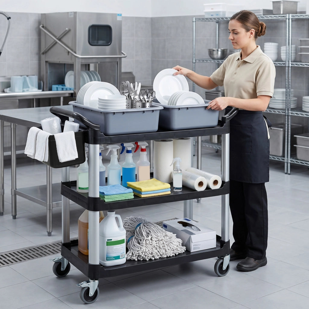 Carrello Pulizie Professionale 115x50x100 cm a 3 Ripiani con 2 Contenitori Rimovibili Bidone Laterale e 4 Ruote in PP