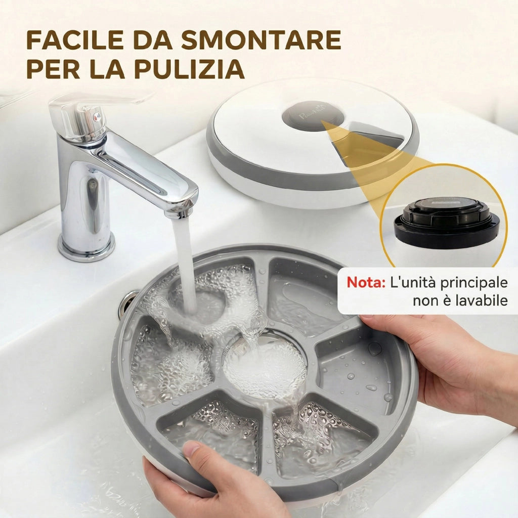 Distributore Automatico Cibo Gatti e Cani con Timer e Display LED 1-6 Pasti Giornalieri per Cibo Secco e Umido Bianco e