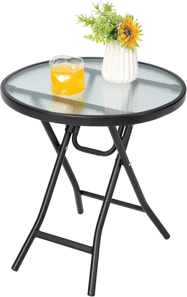 Tavolo Rotondo da Giardino, Tavolino Pieghevole e Portatile con Telaio Antiruggine con Superficie in Vetro, Tavolo da Esterno per Cortile, Giardino e Balcone, 46 x 47,5 cm