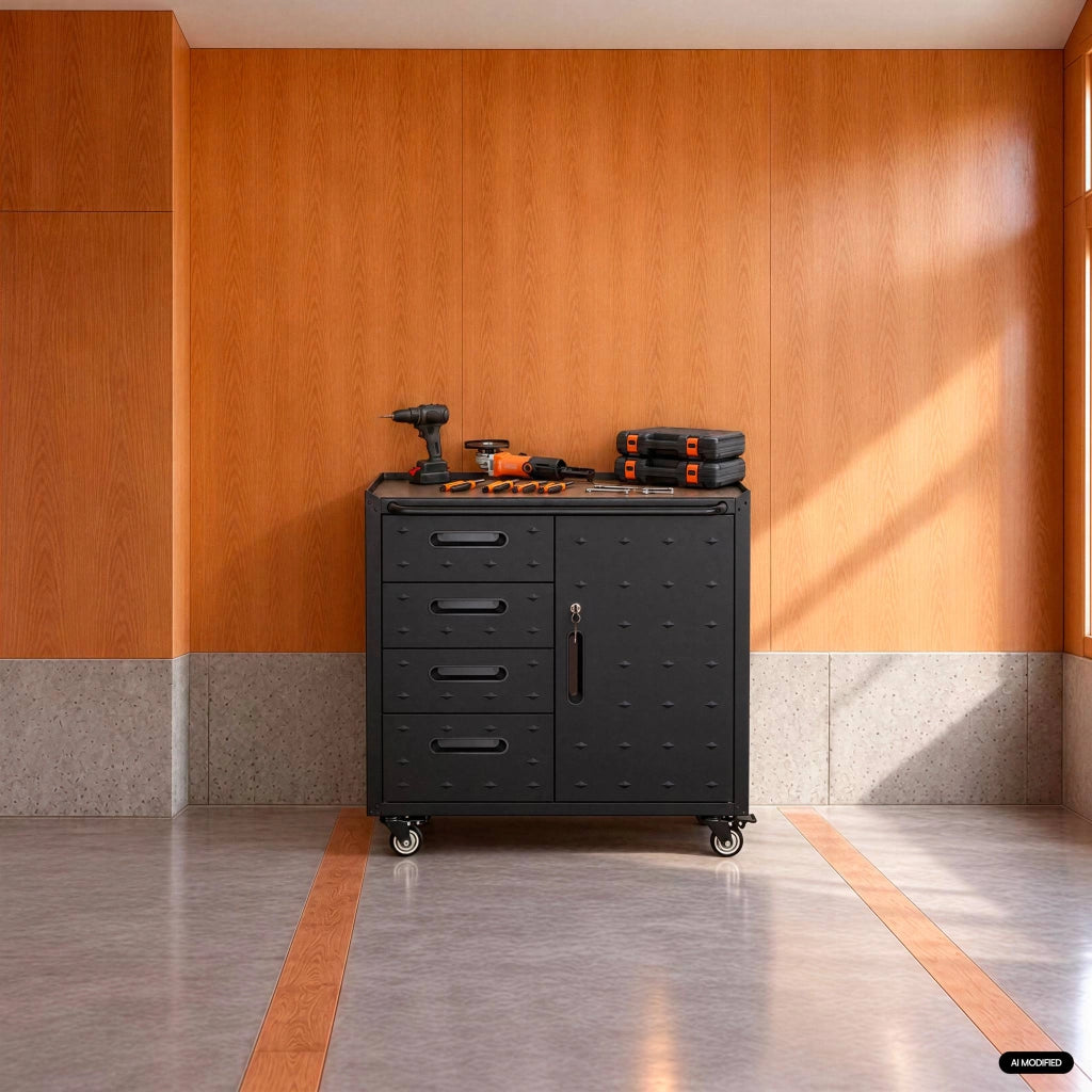 Mobile basso da garage con 4 cassetti e una porta, nero