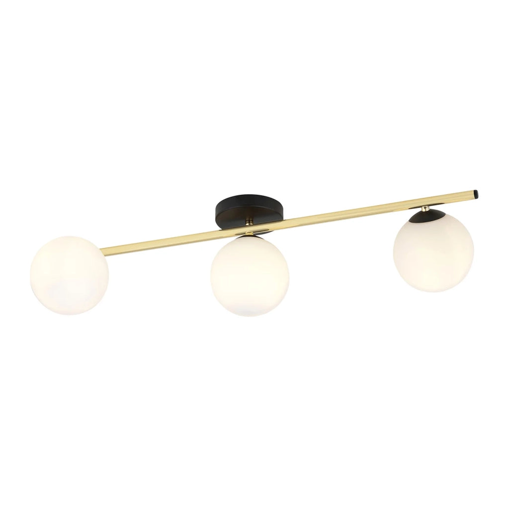 Plafoniera Contemporanea 3 Luci Eracle In Acciaio Oro/Nero E Sfere Vetro Bianco