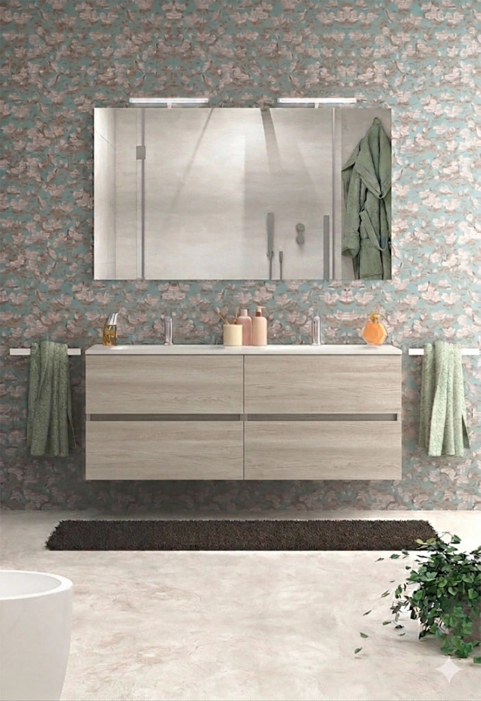 Mobile da Bagno Sospeso con Lavabo 120  cm 2 Vasche e Specchio Bali Light Double Rovere Naturale