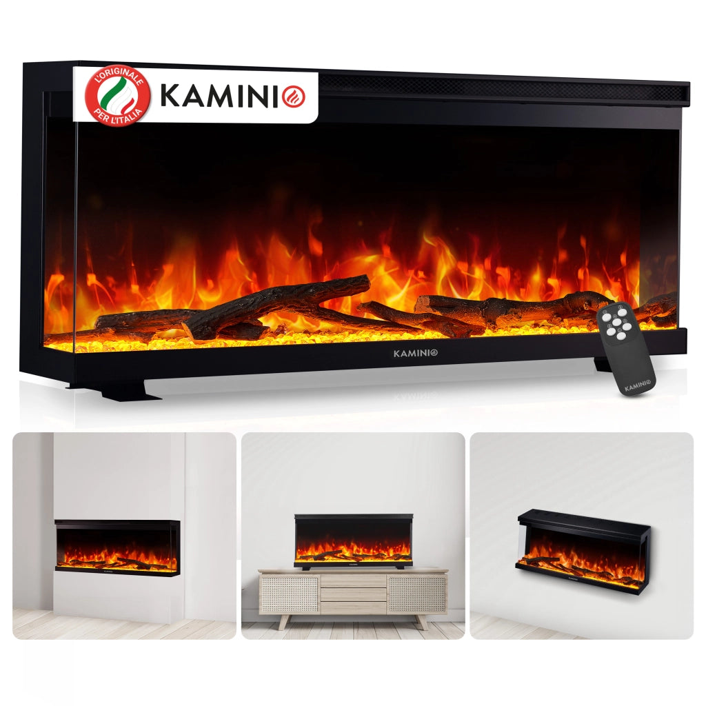 KAMINIO Camino elettrico LEA - Camino 3 in 1 con vista panoramica, riscaldamento, effetto fiamma, 12 colori delle fiamme, telecomando - 36 pollici
