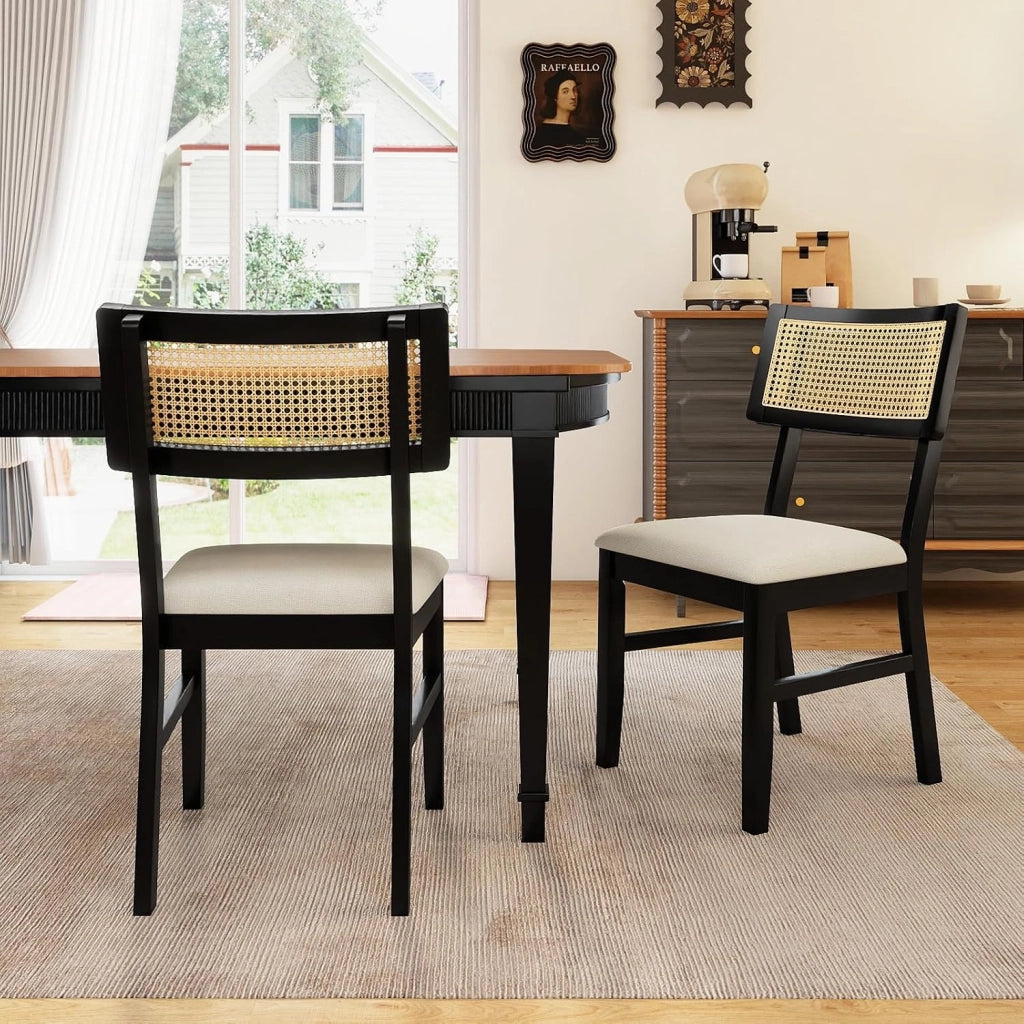 Set di 2 Sedie da Pranzo in Rattan, Sedie da Cucina Imbottite con Rivestimento in Tessuto, Gambe in Legno e Schienale Curvo per Soggiorno, Sala da Pranzo e Ristorante, Portata 180 kg