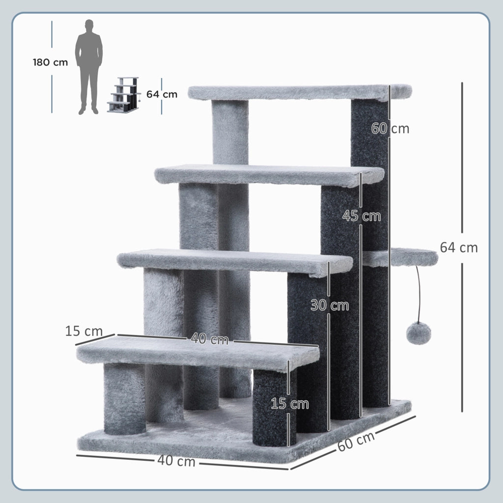 Scala per gatti grigia 64 cm in juta con 4 gradini e pallina