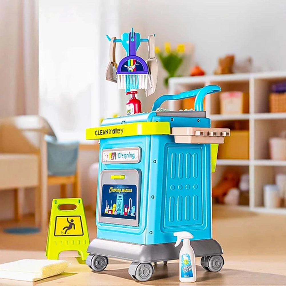 Set Carrello Pulizia Bambini Trolley Blu Accessori Gioco Educativo Idea Regalo