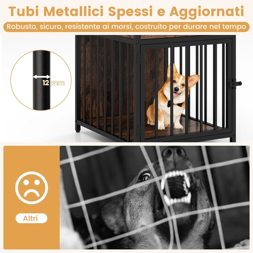 Gabbia per Cani 81 x 37 x 115 cm con 2 Prese AC, 2 Porte Usb e 1 Porta Type-C, Cuccia per Cani in Legno con Stazione di Ricarica, Cassetto e Tubi Metallici, Armadietto Multiuso