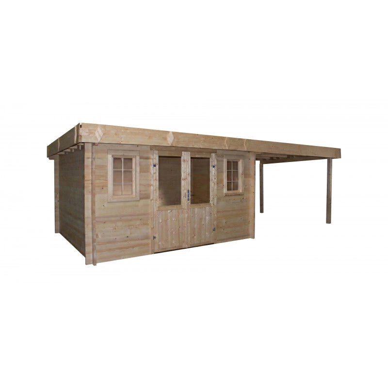 Casetta con legnaia 374x674 cm – Abete 42 mm – Tetto acciaio piano – Porta vetrata e finestra – BRE4040.02B Foresta