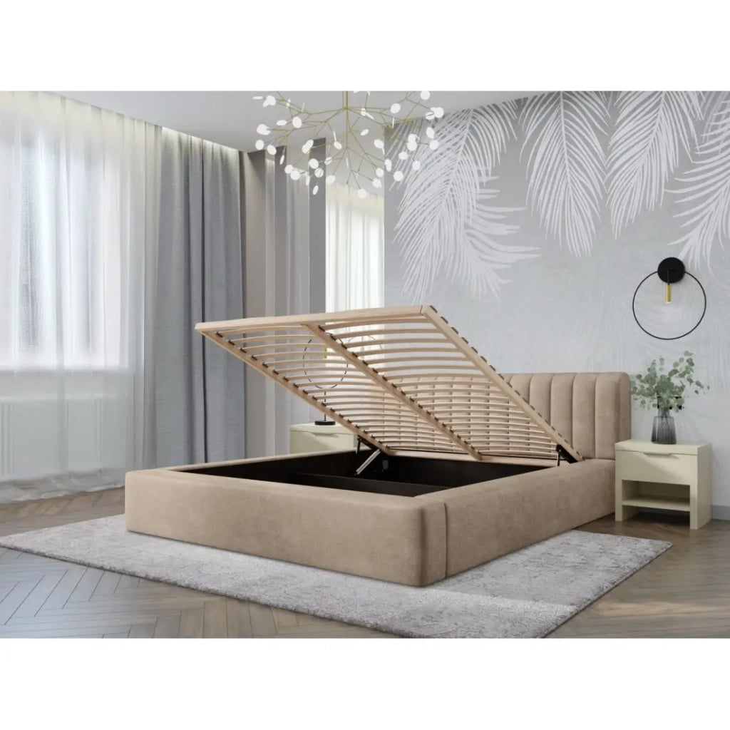 Letto contenitore CERVIN – Velluto morbido Nude Sablé – 140x200 cm – Rete sollevabile – Design elegante