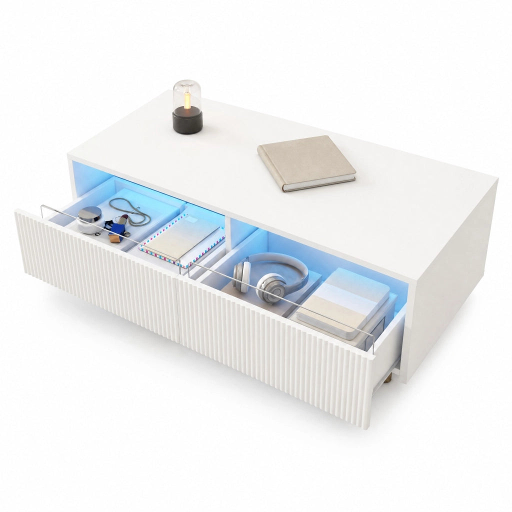 Tavolino da caffè LED bianco con 2 cassetti e gambe dorate