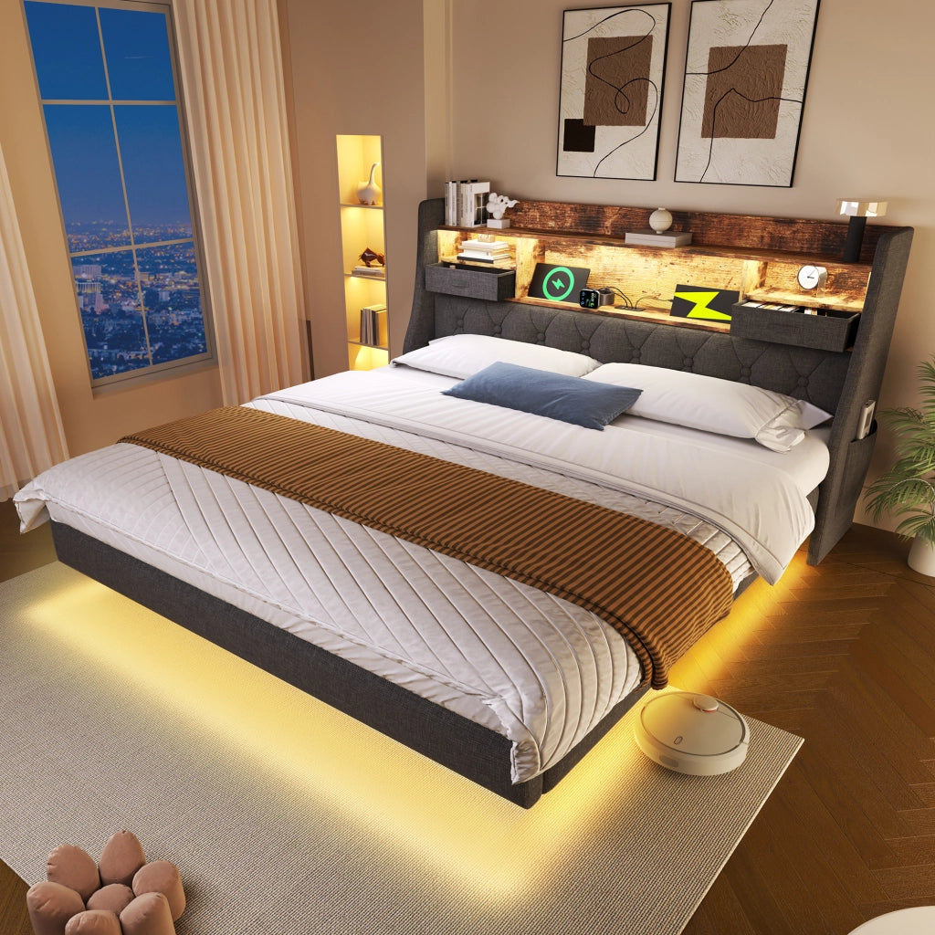 OKWISH Letto Imbottito 160×200 cm, Letto Matrimoniale con LED Regolabile, USB, Type C e Mensola Contenitore, senza Materasso, in Lino, Grigio