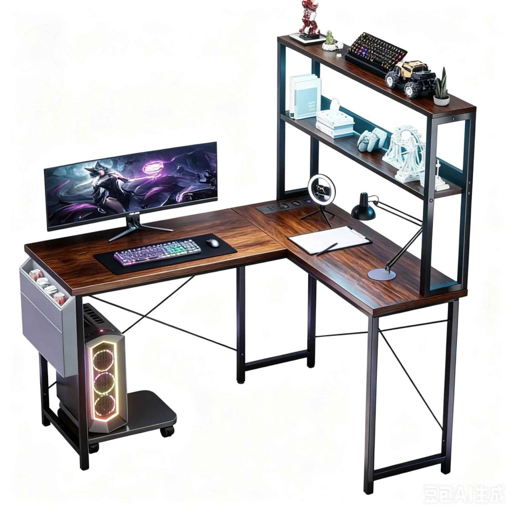 Scrivania per PC a L, scrivania da gaming, prese integrate, doppio ripiano portaoggetti, RGB, design reversibile, marrone