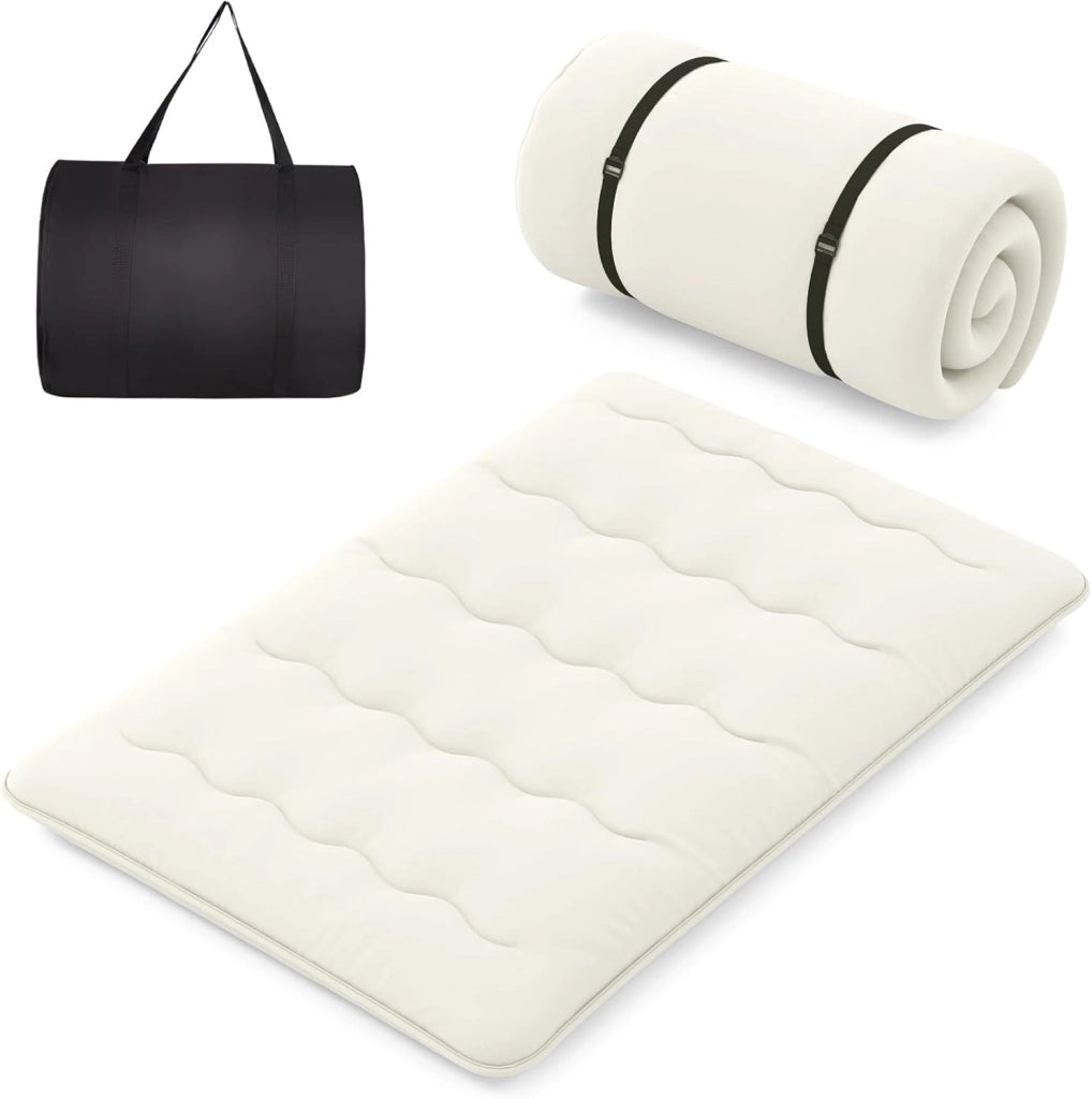 Materasso Futon Pieghevole, Materasso Portatile con Sacca da Trasporto per Camping, Materasso da Terra con Copertura Lavabile (200 x 140 cm, Beige)