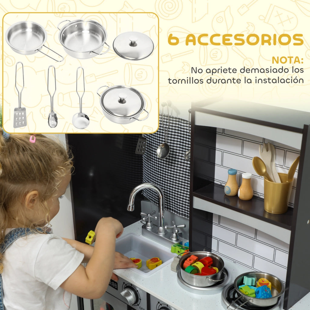 Cucina Giocattolo in Legno con Suono e Accessori Acciaio Inox per Bambini 3+ ¨C Minimal ¨C Marrone Scuro