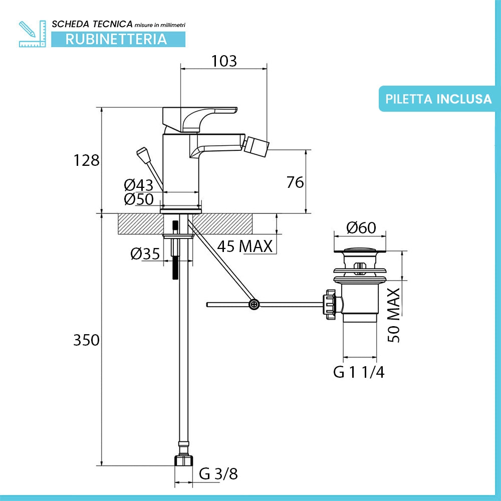Miscelatore bidet monocomando cromo lucido con piletta automatica Zyra