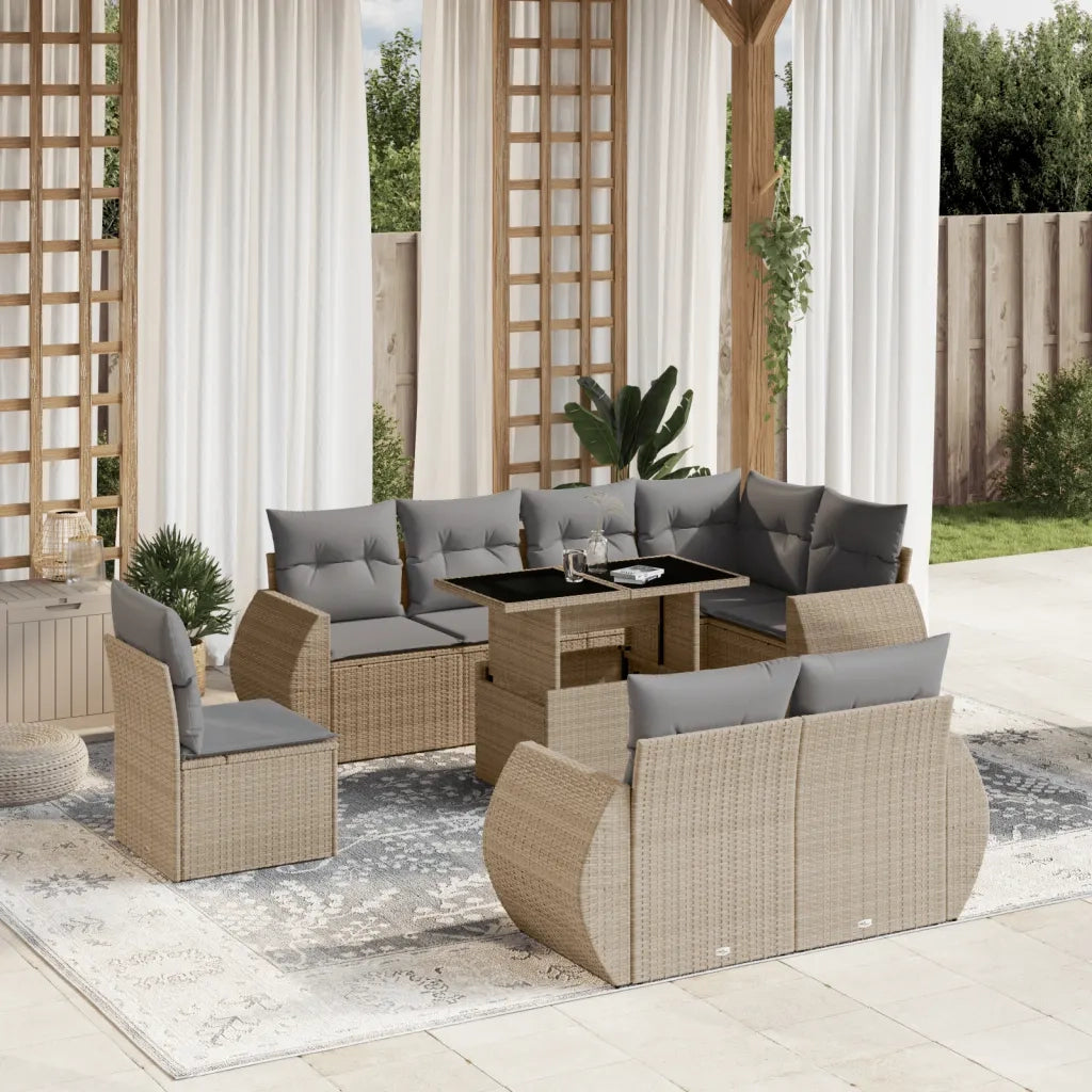 Set Divano da Giardino 9 pz con Cuscini Beige in Polyrattan