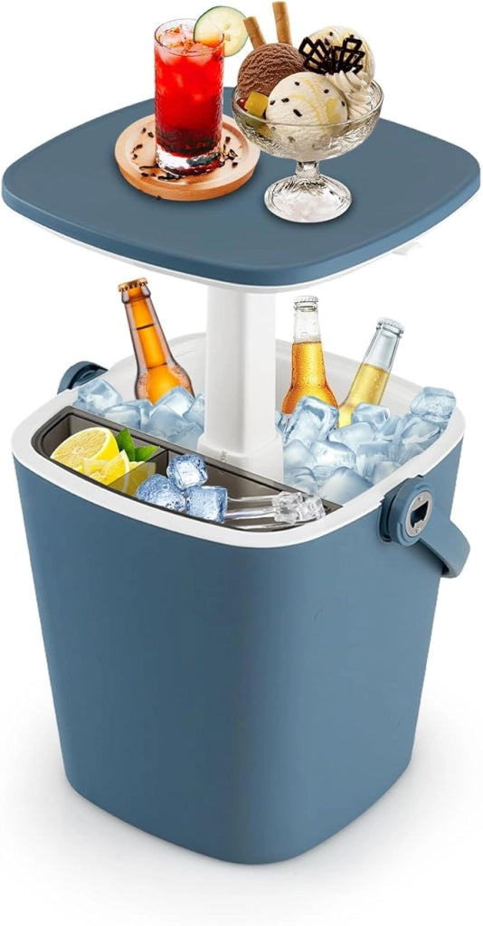 Secchiello Ghiaccio 15 L, Cool Bar Portaghiaccio, 3 in 1 Tavolino da Tavolo Bar, con Maniglia, Apribottiglie e Coperchio Sollevabile, per Piscina, Cortile, Campeggio (Blu)
