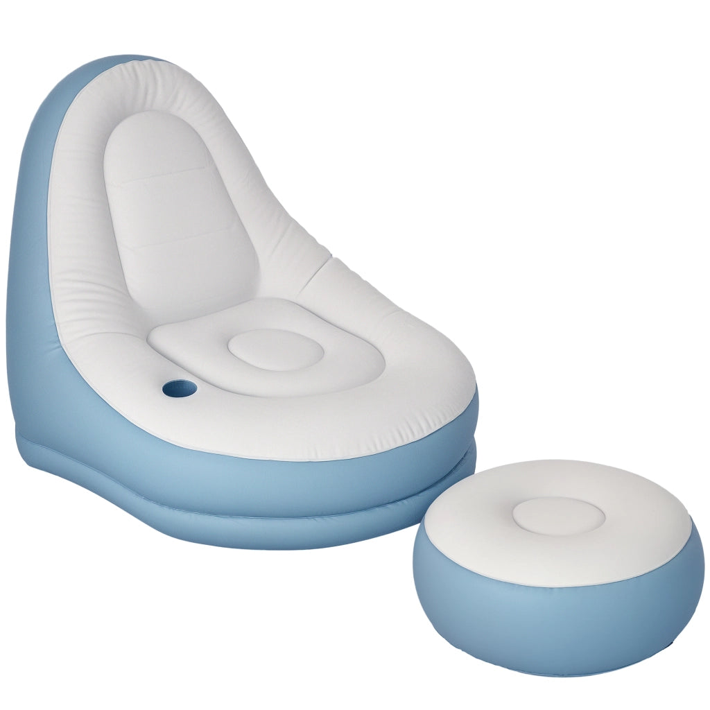 Poltrona gonfiabile per casa e giardino, con poggiapiedi, resistente e pratica, 125 x 100 x 87 cm, bianco e blu