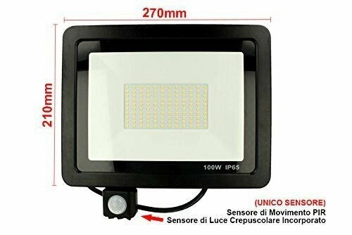 Faro LED 100W Faretto Slim Con Sensore Movimento PIR luce fredda 6000k IP66 - ZENCOCCO