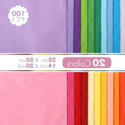 100 fogli di carta vellutata - 20 colori - 50 x 35 cm - carta per lavori manuali - carta per confezioni - carta trasparente - carta per regali.