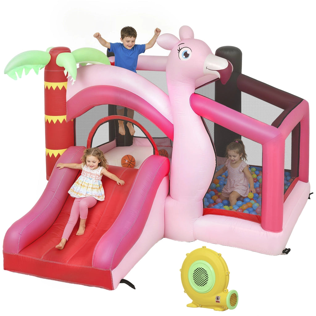 Castello Gonfiabile per Bambini con Scivolo, Trampolino, Vasca di Palline e Canestro Basket, 255x230x196 cm, Rosa