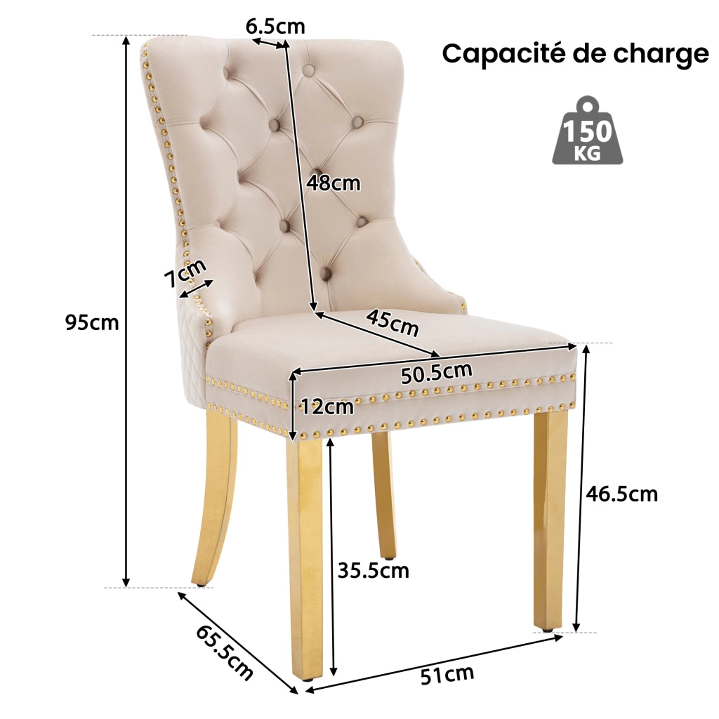 OKWISH Set di 2 Sedie da Pranzo con Anello Sullo Schienale e Borchie Decorative, Piedini Regolabili, Velluto Beige
