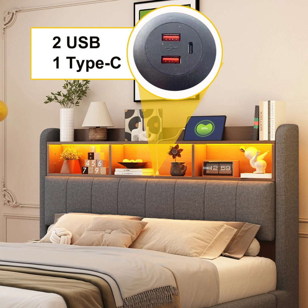 Letto imbottito sospeso 160 x 200 cm con LED, USB e Type-C grigio