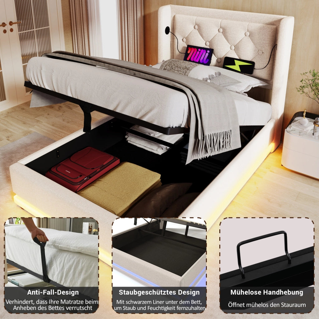 Letto singolo idraulico – 90x200 cm – USBC LED 3 lati – cotone beige