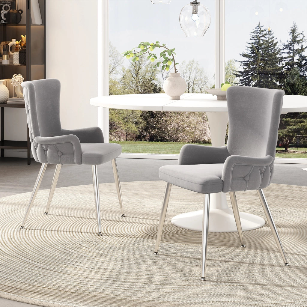 Sedia da pranzo in velluto grigio e argento, set da 2, con gambe in metallo
