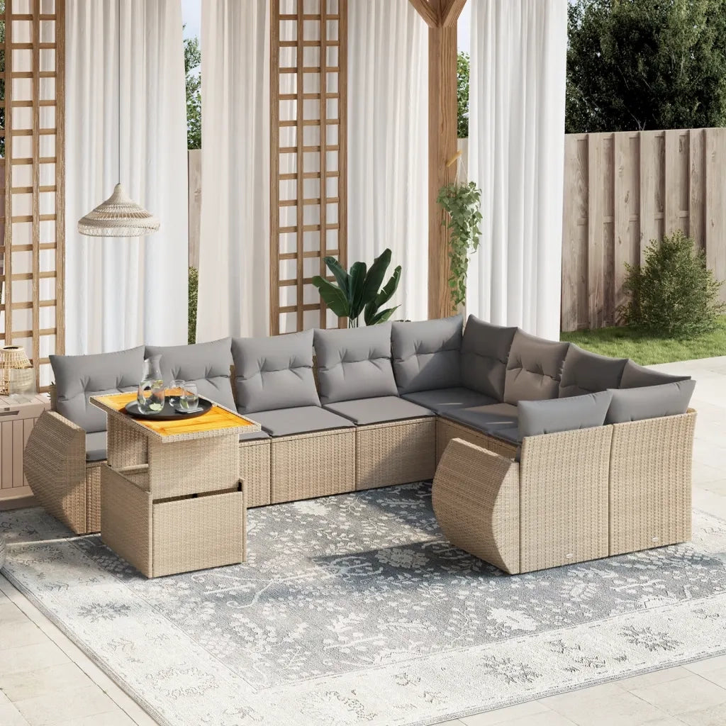 Set Divano da Giardino 10 pz con Cuscini Beige in Polyrattan