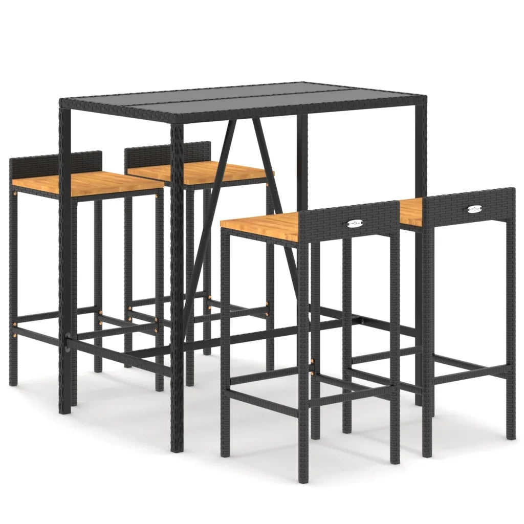 Set Bar Giardino 5 pz Nero Polyrattan e Legno Massello Acacia 3187676