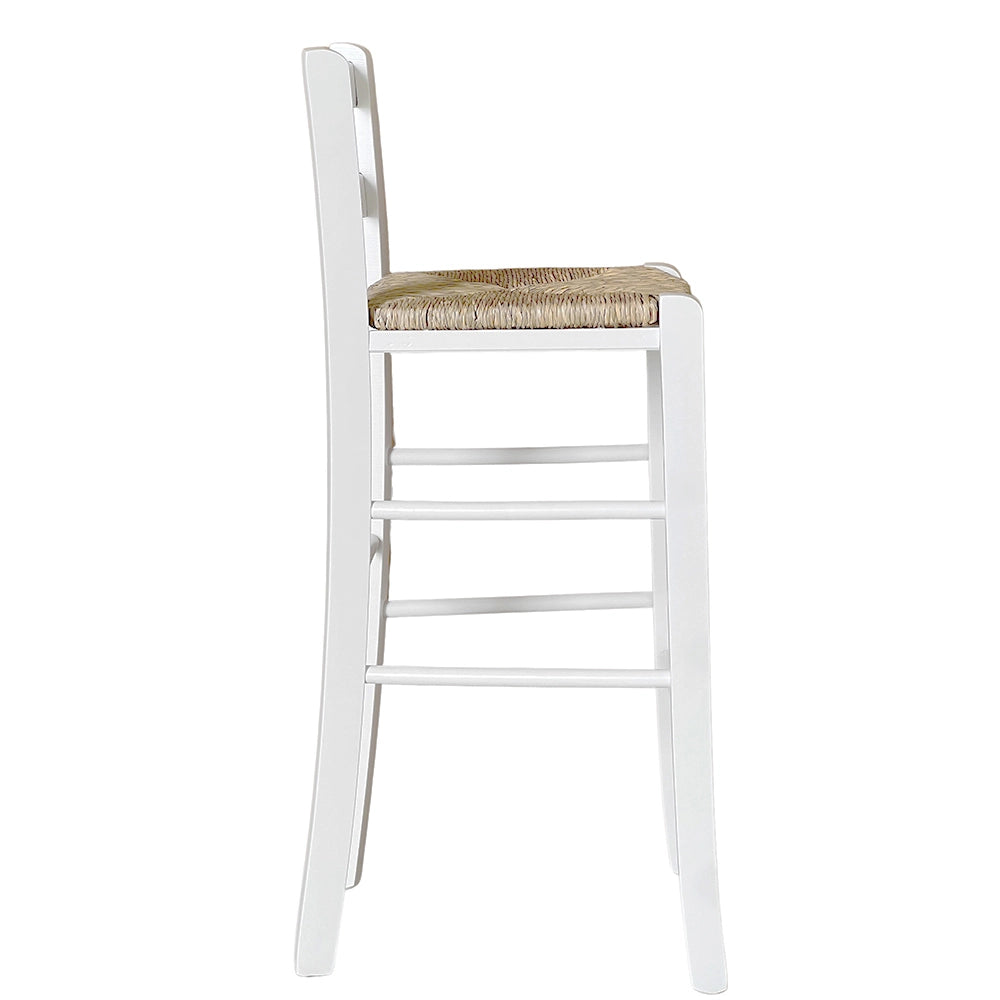 Sgabello alto 67 cm in legno di faggio italiano bianco con seduta in paglia
