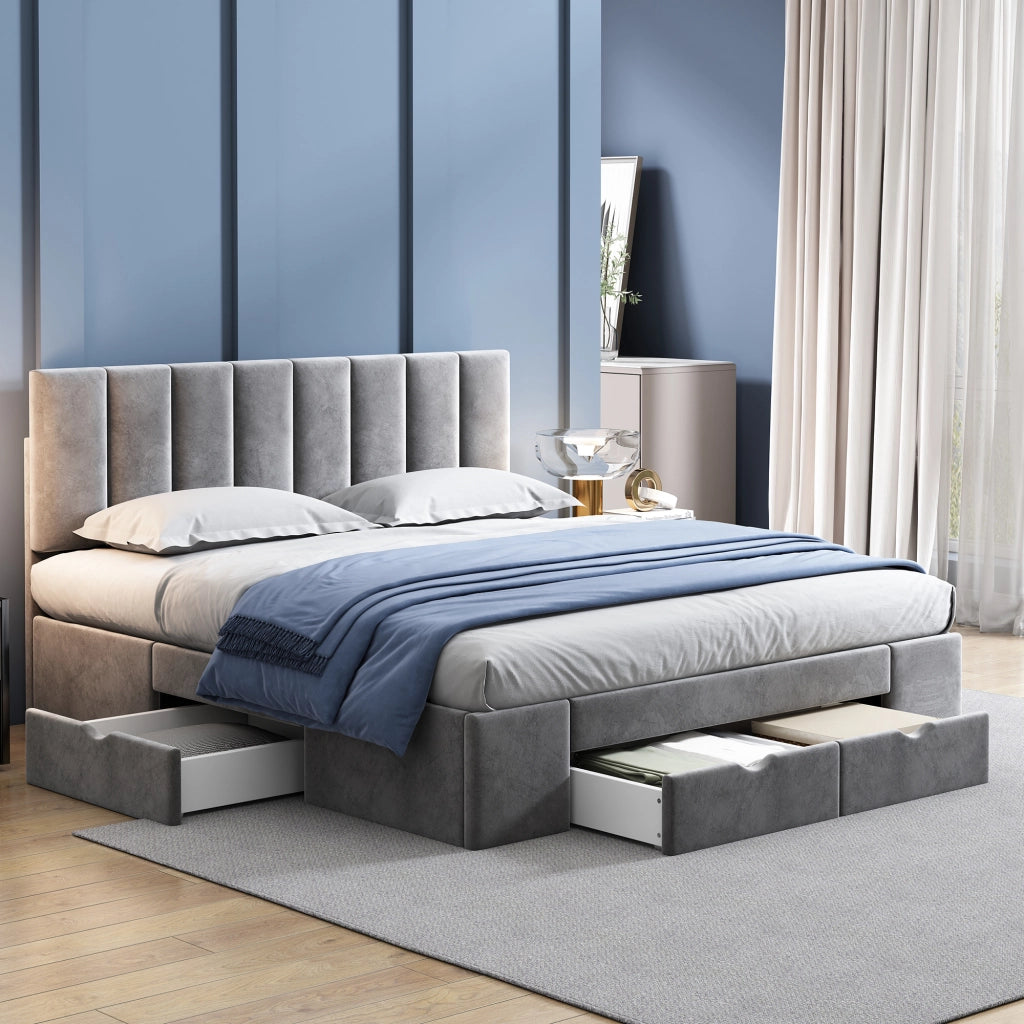 Letto imbottito 160x200 cm in velluto grigio con rete a doghe e 4 cassetti