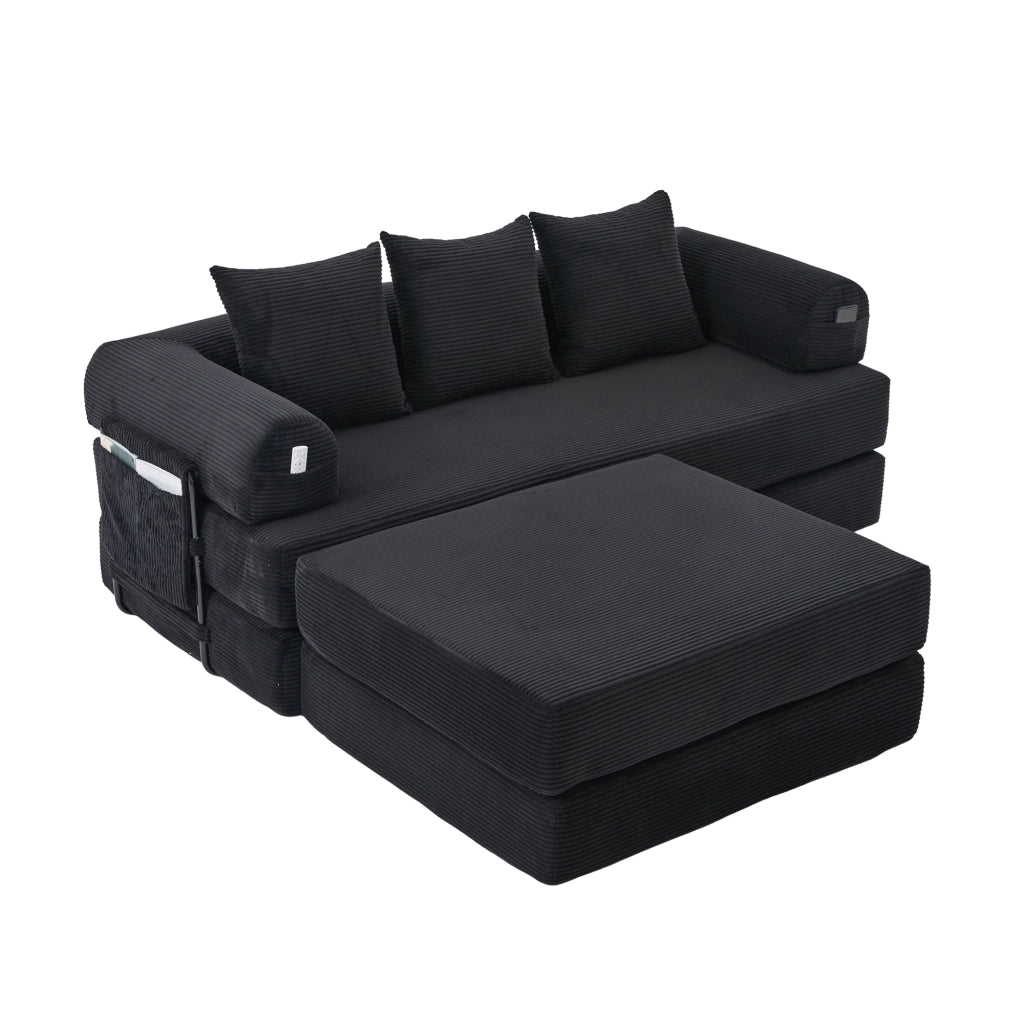 Divano Modulare con Pouf ¨C MINIMAL ¨C Tessuto a Coste, Cuscini, Nero