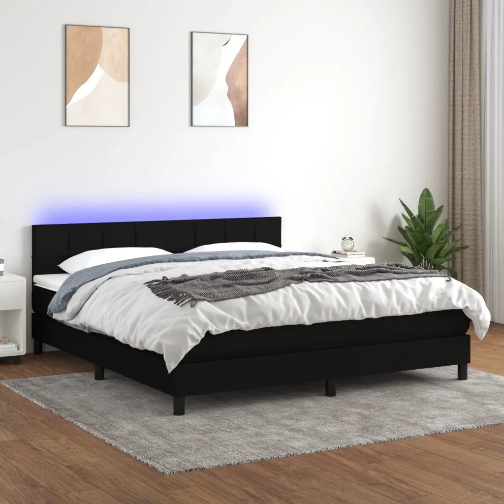 Letto a Molle con Materasso e LED Nero 160x200 cm in Tessuto