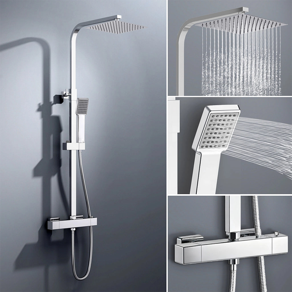 colonna doccia quadrata completo di miscelatore termostatico rettangolo, soffione quadrato 25x25cm, cromo