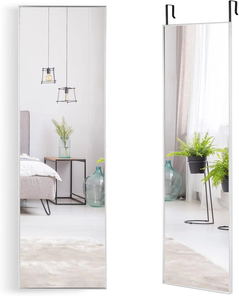 Specchio da Parete Lungo, Specchio da Terra Appendere con Cornice in Lega di Alluminio e Ganci, Per Camera da Letto e Soggiorno, 120 x 37 cm (Argento)
