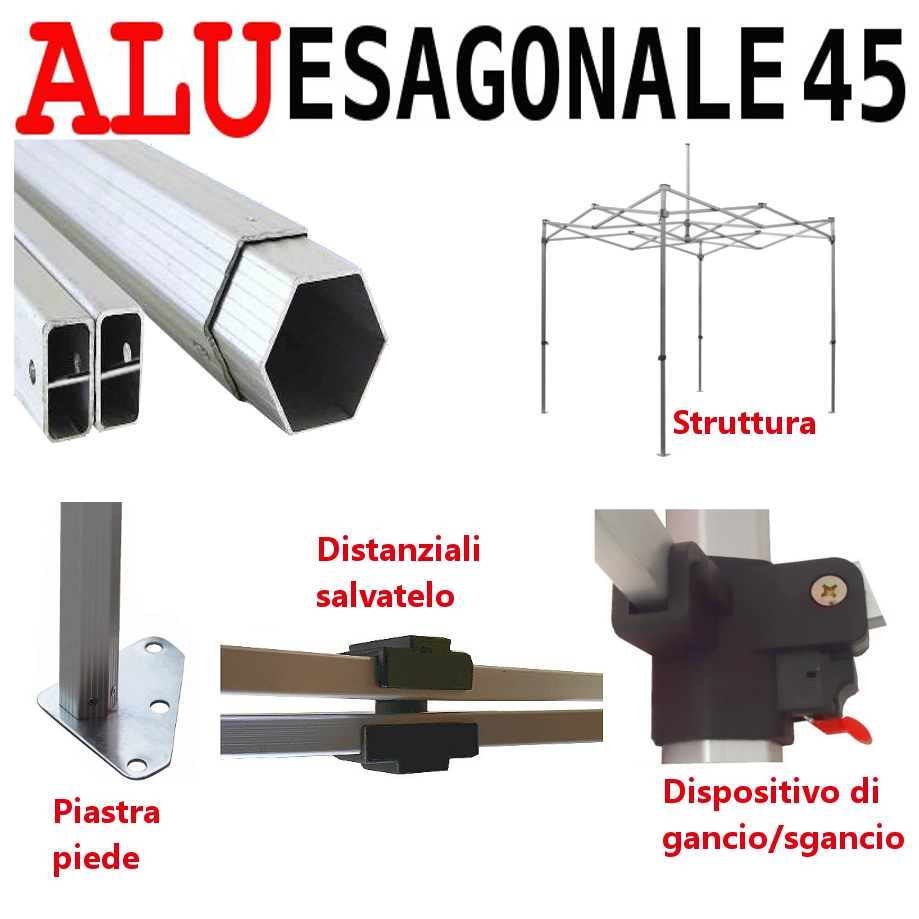 Gazebo 3x3 m rosso SENZA laterali pieghevole alluminio piantone esagonale 45mm portatile estendibile richiudibile estensibile acciaio per fiere eventi stand chiosco tenda tendone mercato mercatino